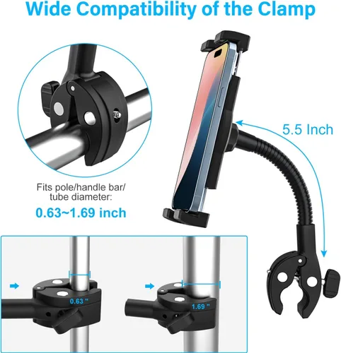 Vista 5 de Soporte para tableta para manillar para silla de ruedas de motocicleta, brazo de cuello de cisne de metal, abrazadera de montaje de bicicleta