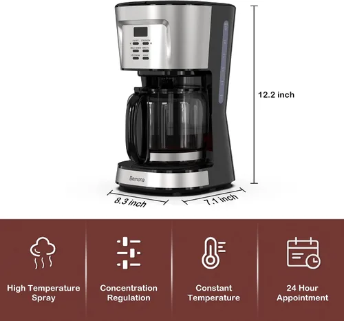 Vista 4 de Cafetera de 12 tazas, cafetera de goteo programable con jarra de vidrio y filtro permanente, mantiene el calor automático, ventana de agua, cafetera