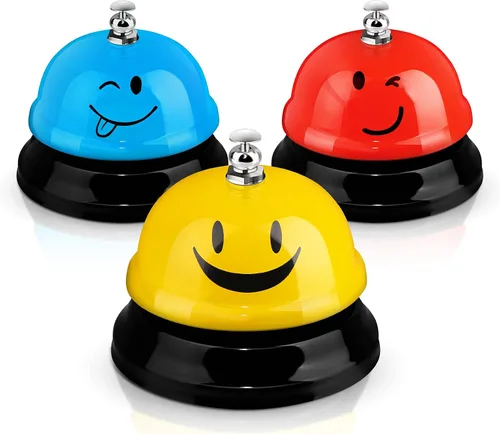 Vista 14 de Hotop Campanas de escritorio de 3 piezas para servicio, divertida recepción, sonriente, timbre de metal, timbre de llamada, para cocina, hotel