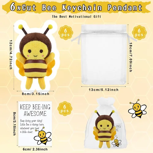 Vista 2 de RoundFunny 6 juegos de llaveros de abeja de peluche de 5 pulgadas con tarjetas inspiradoras y bolsas de organza para bodas, regalos de fiesta