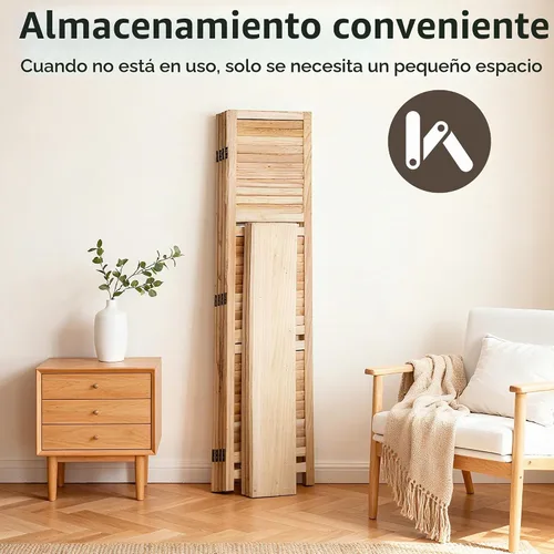 Vista 3 de [Usado] FDW Divisor de habitación de 4 paneles plegable de madera de privacidad con tres estantes inteligentes, divisor de madera portátil