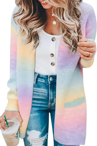 Vista 9 de ECOWISH Suéter largo para mujer, cárdigan de punto a rayas, manga larga 68 Azul