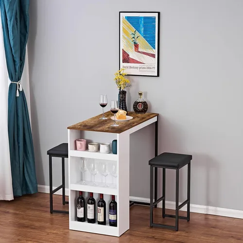 Vista 3 de Panana Juego de mesa de comedor de 3 piezas, mesa de bar de cocina con dos estantes de almacenamiento de taburetes, mesa de madera con acabado