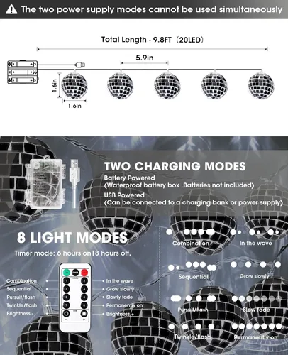 Vista 2 de AceList Tira de luces de bola de discoteca de 20 LED de 9.8 pies, funciona con pilas y enchufe USB, luz de bola de discoteca negra para decoración