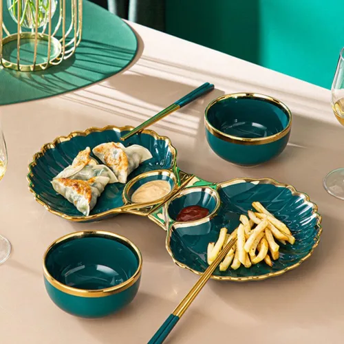 Vista 4 de DOITOOL Plato de bola de masa en forma de concha con compartimento para salsa, elegante plato de cerámica para sushi para albóndigas, aperitivos