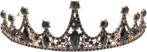 Vista 9 de Lurrose Tiara barroca de corona de reina para novia, diamantes de imitación negros, disfraz barroco de Halloween, baile de graduación, tiara