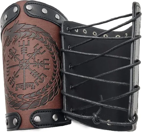 Vista 4 de JAOYU Brazaletes de cuero para hombre, armadura de brazo, brazalete de guantelete, brazaletes medievales, joyería vikinga para mujer, disfraz