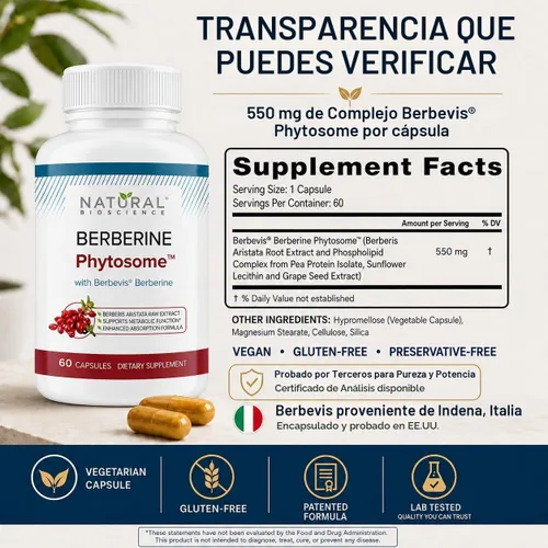 Vista 9 de Natural BioScience - Complejo de fitosomas de berberina con Berbevis, suplemento de berberina de absorción mejorada de 550 mg para apoyo metabólico