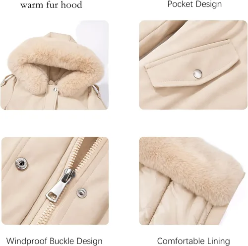 Vista 5 de RISISSIDA Women Winter Puffer Coat,Long Parka,Fur Trim Hood Beige