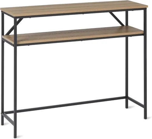 Vista 9 de Amazon Basics - Mesa auxiliar con estante inferior, mesa lateral para sala de estar, marco de acero, madera negra