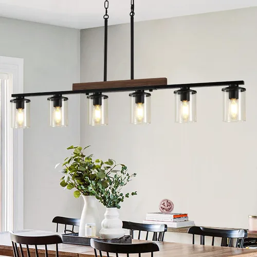 Vista 10 de Lámpara de isla de cocina de 23.6 pulgadas, lámpara de 3 luces para comedor sobre mesa, lámpara colgante de techo de madera rústica moderna negra