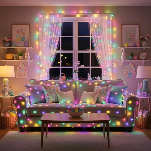 Vista 2 de Brizled Cadena de luces que cambian de color, 33 pies, 100 luces LED pasrel de Pascua con control remoto, cadena de luces RGB regulables, cable