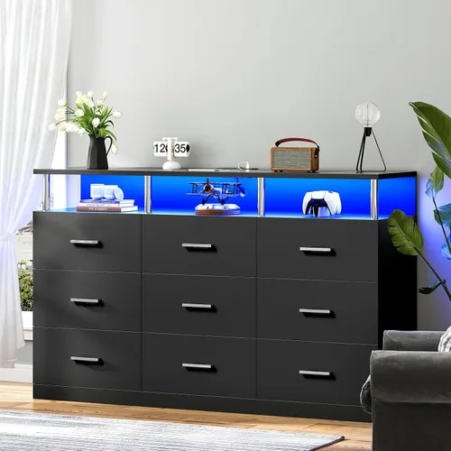 Vista 11 de AOGLLATI Cómoda blanca para dormitorio con diseño de columna, cómoda de 4 cajones con estación de carga, cómoda moderna led alta para dormitorio