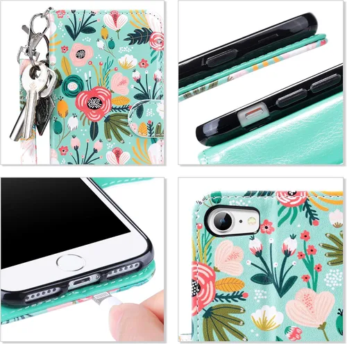 Vista 7 de ULAK - Funda tipo cartera para iPhone SE 3 (2022)/SE (2020)/8/7, con tarjetero, funda tipo cartera de piel sintética floral premium con soporte