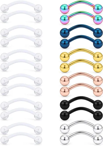 Vista 6 de SCERRING Abrazadera curvada de acero inoxidable y bioflex de acrílico transparente de 14 G, para pezones, ojos de serpiente, lengua, 16-24 piezas