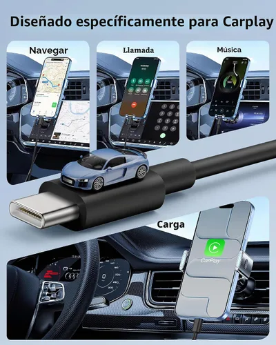 Vista 3 de Cable Carplay de coche para iPhone 17/17 Pro/Air/17e/16/15 Pro Max/Plus, 2 unidades USB A a USB C para CarPlay USBC, iPad, Galaxy, Pixel, accesorios