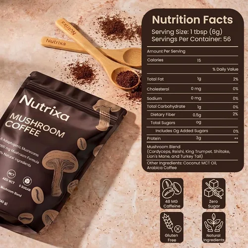 Vista 2 de Café de hongos orgánico de 11.99 oz (56 porciones) – 6 hongos adaptogénicos para energía, concentración y salud intestinal – Mezcla instantánea