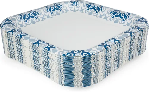 Vista 9 de Glad Platos cuadrados de papel resistentes, a prueba de remojo y resistentes a los cortes, patrón victoriano azul, vajilla desechable