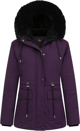 Vista 8 de MOERDENG Abrigo de plumas de invierno cálido para mujer, chaqueta de plumón con forro polar grueso, capucha desmontable de piel sintética, parka