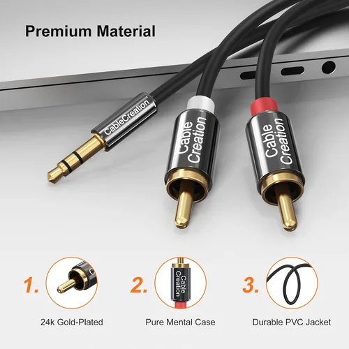 Vista 2 de Cablecreation Cable de audio RCA macho a cable macho de 3,5mm bifurcador en Y diseño para audio estéreo RCA, color negro, Negro Divisor en Y