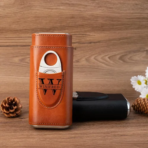 Vista 5 de Estuche de cuero personalizado para puros para hombres, juego de humidificador de caja de puros de viaje y accesorios, soporte de puros portátil