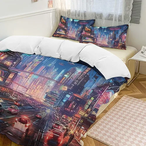 Vista 19 de Landscape Duvet Cover Full Size, Ultra Soft Microfiber Cityscape Bedding Set, 3 Pieces Night Scenery Pattern Comforter Cover Set with Zipper Closure