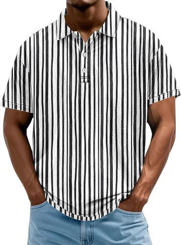Vista 20 de Camisa polo de manga corta para hombre, camiseta de golf a rayas, de manga corta, para vacaciones, casual, cuello en V, camiseta de verano
