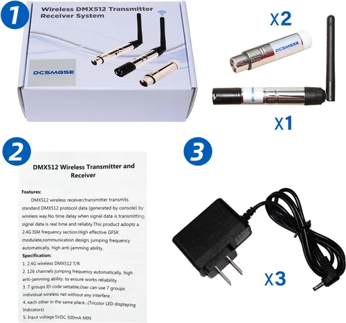 Vista 7 de DMX inalámbrico, 3 piezas DMX512 DMX Dfi DJ 2.4G inalámbrico 2 receptor y 1 transmisor etapa control de iluminación