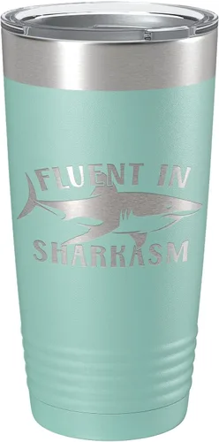 Vista 19 de Fluent in Sharkasm Tumbler Sarcasm Travel Mug Funny Shark Gift Insulated Laser Engraved Coffee Cup 20 oz Black