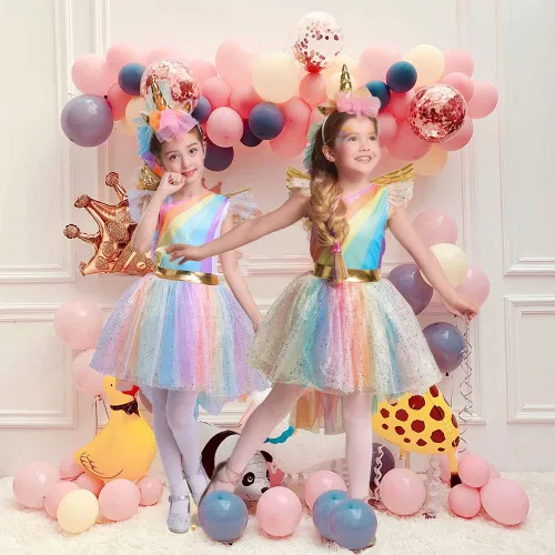 Vista 3 de Girls Princess Dress up Costume Kid Cosplay Party Dress, Rainbow Unicorn Dress Up Costume for Halloween
