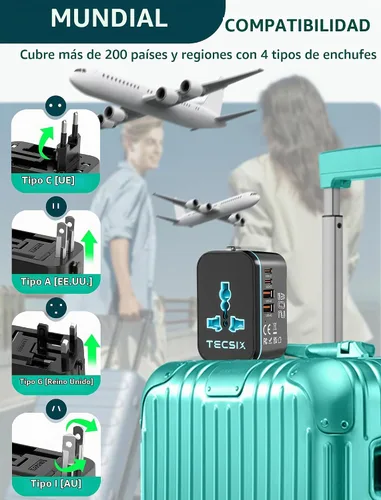 Vista 4 de Adaptador de Viaje Universal, Adaptador de Energía Internacional con 2 USB-C, 2 Puertos USB-A, Múltiples Salidas AC para UE, EE. UU., Reino Unido