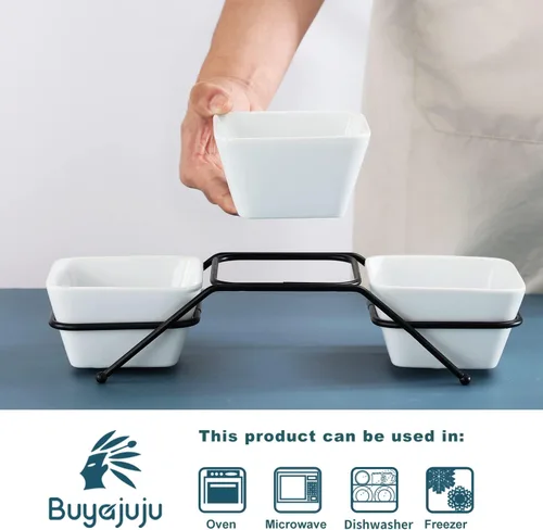 Vista 3 de Buyajuju Juego de 3 piezas de cuencos cuadrados de porcelana para chips y salsa con soporte de metal negro, cuencos pequeños de 4.5 pulgadas blancos