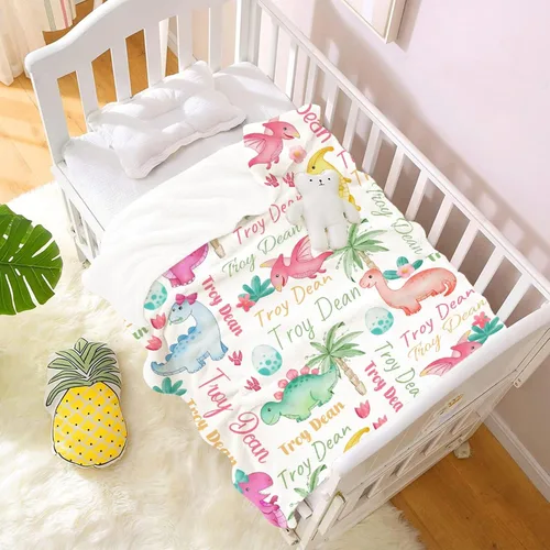 Vista 34 de Manta de regalo personalizada de dinosaurio con nombre para niñas, niños, recién nacidos, dinosaurio, manta personalizada para envolver al bebé