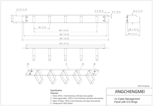 Vista 3 de 19-Inch 1U Metal Horizontal Rackmount 5 D-Rings Cable Manager El administrador vertical del alambre del panel de gestión de cables del estante 1U