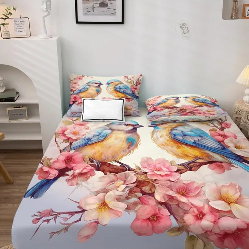Vista 3 de Juego de sábanas tamaño individual – Juego de sábanas con estampado floral de pájaros, sábanas y fundas de almohada, microfibra suave y bolsillo