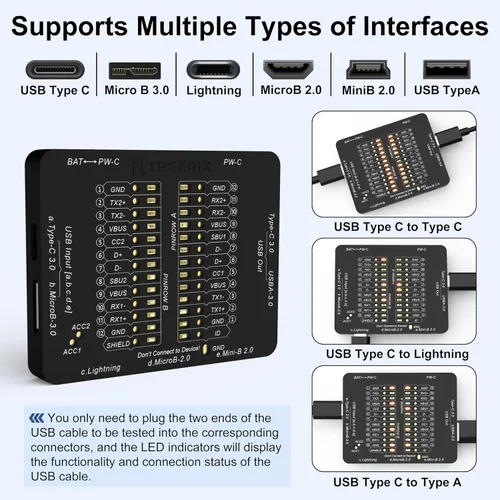 Vista 2 de Treedix Probador de Cables USB Comprobador de Cables USB Detección Rápida de Cables de Datos para Type-C, USB-A 3.0, Micro-B 3.0, Micro-B 2.0