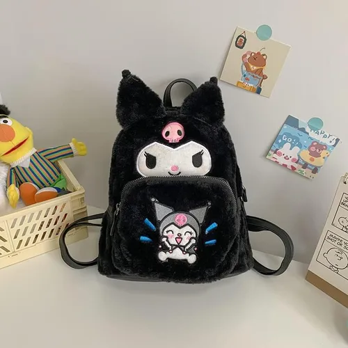 Vista 5 de Mini mochilas lindas de felpa peluda mochilas para niñas mochilas para niños mochila kawaii gran regalo, negro (Black Plush), Computadora portátil
