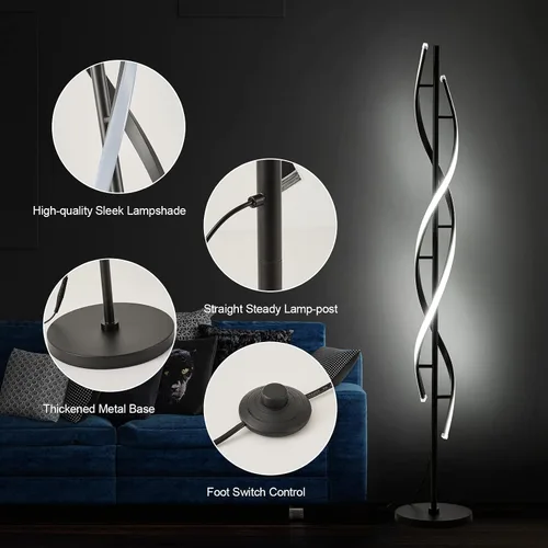 Vista 4 de Lámpara de Pie LED Espiral para Dormitorio, Lámparas de Pie Modernas con Control Remoto de 60 Pulgadas Regulable Lámpara de Pie Negra de 48W Lámpara