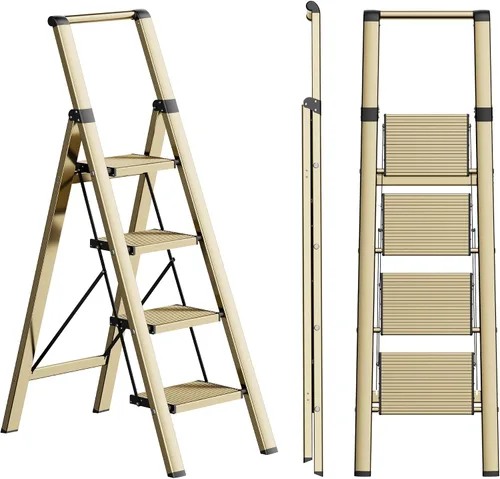 Vista 19 de SOLADDER Escalera plegable de 3 escalones, taburete pequeño para adultos, escalera de hierro antideslizante portátil con pedales anchos para uso