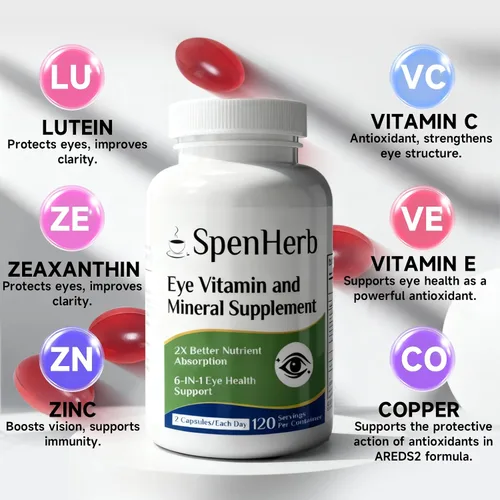 Vista 4 de Suplemento vitamínico y mineral para los ojos, soporte visual 120 geles suaves veganos, contiene luteína, zeaxantina, vitamina C y E, zinc, cobre