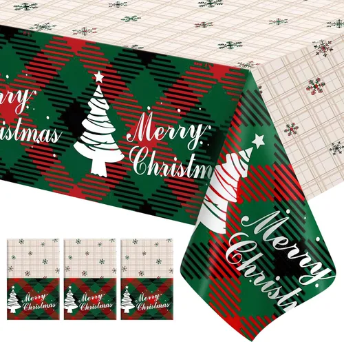 Vista 9 de Mantel de Navidad, 2 piezas de mantel desechable de plástico rojo, mantel de 54 x 108 pulgadas para decoraciones de Navidad, mantel de árbol