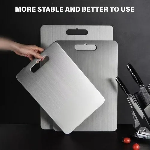 Vista 2 de Tabla de cortar de acero inoxidable de doble cara, tabla de cortar de grado alimenticio de doble cara, segura y práctica, para cortar carne, frutas