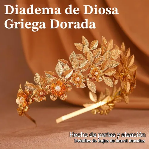 Vista 2 de Brishow Diadema de tiara de hoja dorada, corona de laurel griega con flores de perlas para mujer