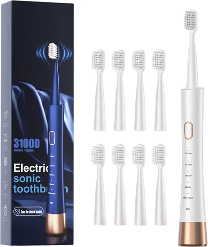 Vista 10 de AJELU cepillo de dientes eléctrico sónico impermeable IPX7, carga rápida de 2 horas con recordatorio de tiempo inteligente, 5 modos, 8 cabezales