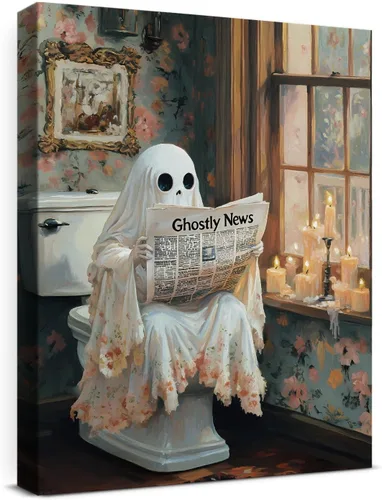 Vista 35 de QPVXSST Arte de Pared Interesante de Fantasma de Halloween para Baño, Póster Impreso en Lienzo de Estilo Gótico, Decoración de Baño con Diseño