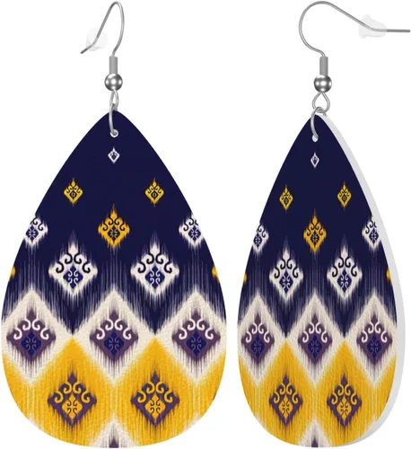 Vista 2 de Aretes de lágrima de cuero azul y amarillo para mujer, coloridos aretes colgantes ligeros de doble impresión para mujeres y niñas, joyería de moda