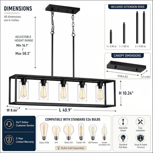 Vista 3 de Lámpara de comedor negra de 5 luces, candelabros modernos de granja, iluminación rectangular lineal para isla de cocina, iluminación colgante