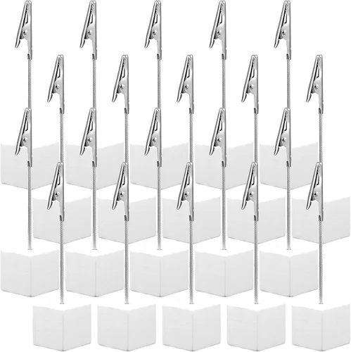 Vista 8 de Gersoniel 20 Piezas Soporte de Clip para Notas Base Cúbica con Clip de Cocodrilo Soporte de Números de Mesa de Madera Base Cúbica Soporte