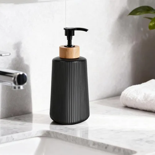 Vista 3 de Dispensador de jabón de vidrio negro, dispensador de jabón de manos de vidrio grueso para baño, botellas de líquido para lavar platos de cocina