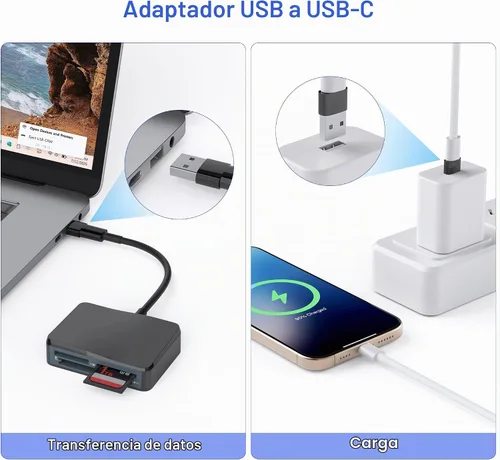 Vista 3 de Lector de tarjetas SD, 4 en 1 USB C a SD/TF/CF/MS lector de tarjetas con adaptador USB a USB C, lector de tarjetas de memoria para iPhone 17/16/15